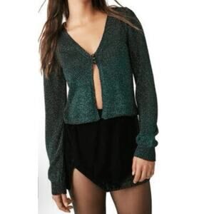 Free People Green Emmaline Metallic Cardigan Sweater Size S NWOT $128 holiday